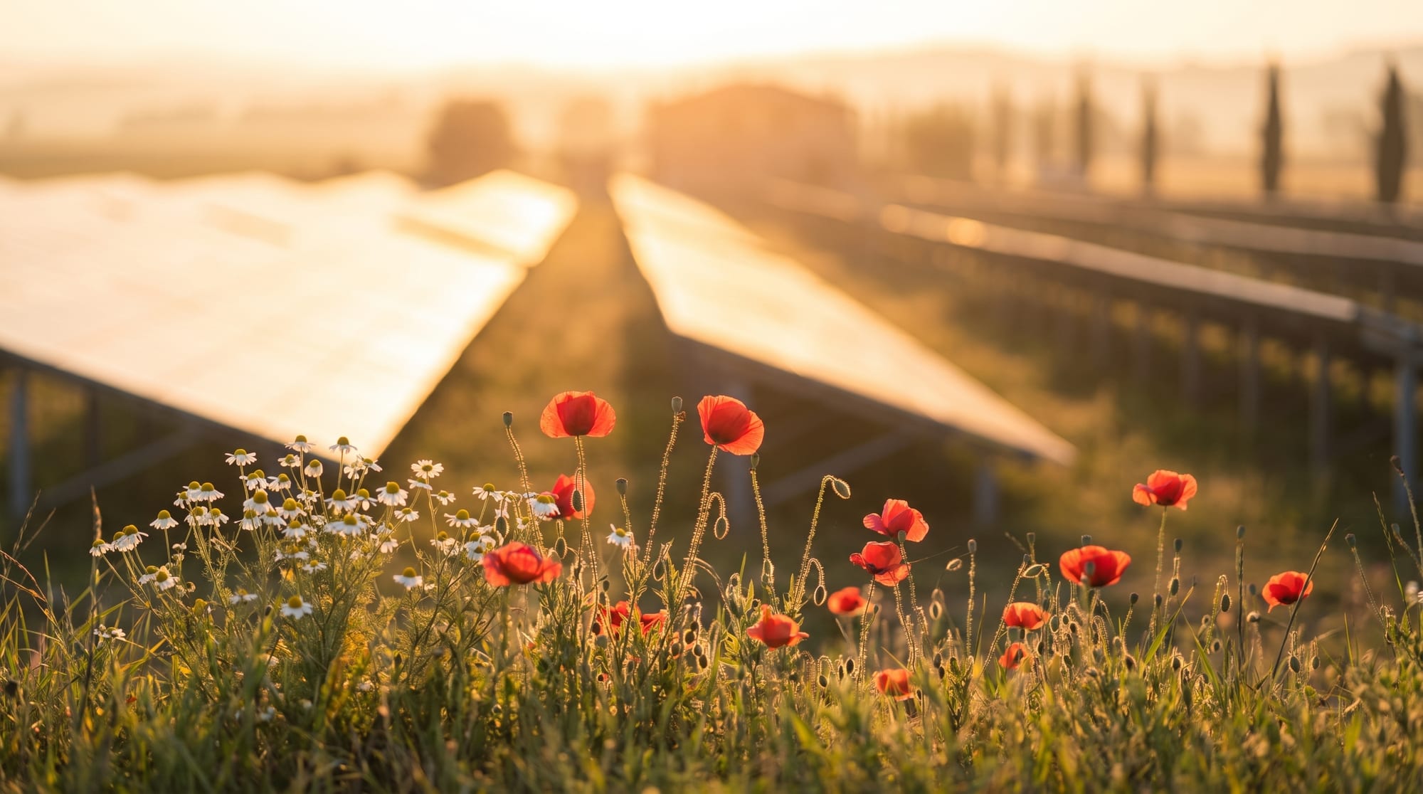 Wild poppies and chamomile at the edge of a solar farm
